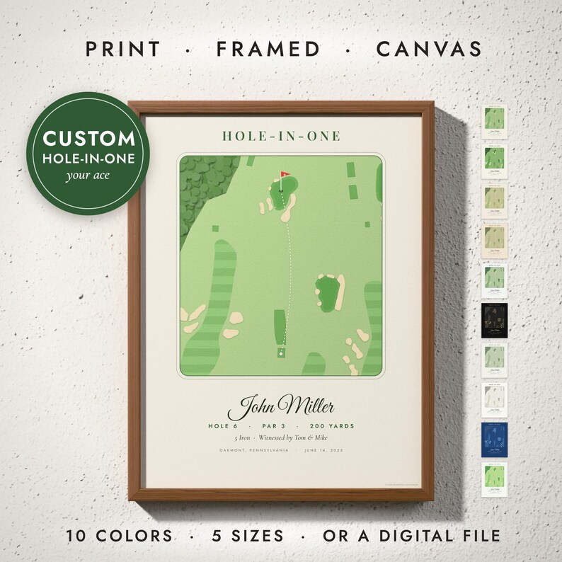 Hole-In-One Print in a walnut frame on a white wall — print, framed, canvas or digital file, 10 colors, 5 sizes