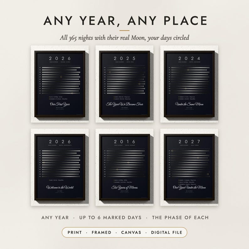 Moon Phase Calendar examples for six years