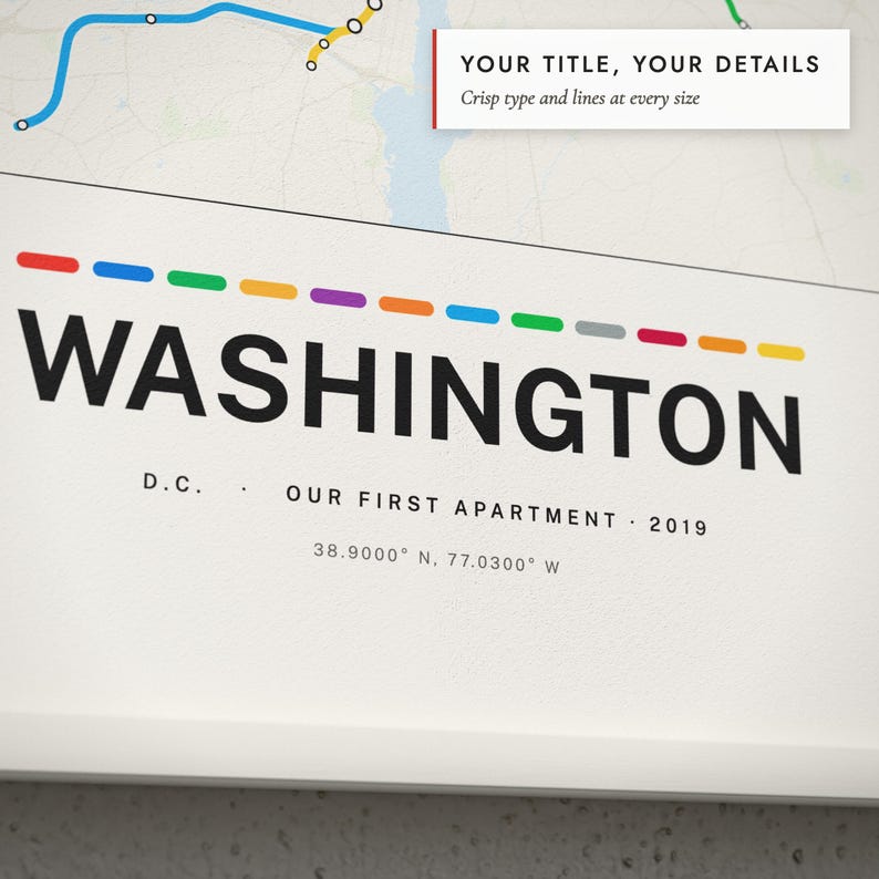 Close-up of the personalized title and details on the Metro Line Map print