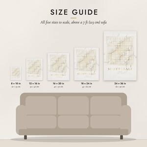 Size guide: 8×10, 12×16, 16×20, 18×24, 24×36 inch prints shown to scale above a sofa