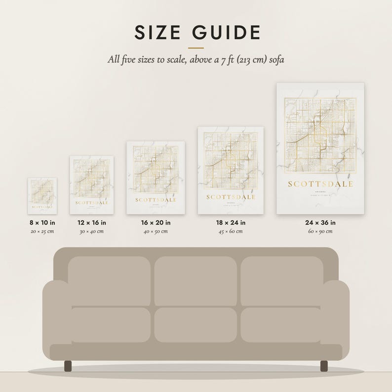 Size guide: 8×10, 12×16, 16×20, 18×24, 24×36 inch prints shown to scale above a sofa