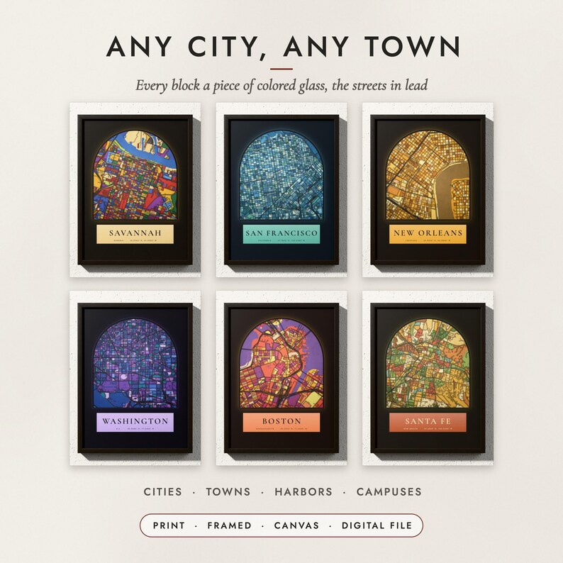 Stained Glass City Map examples for six cities