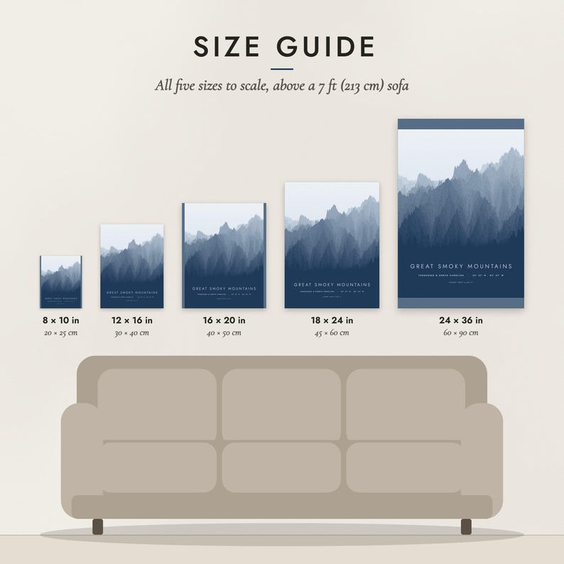 Size guide: 8×10, 12×16, 16×20, 18×24, 24×36 inch prints shown to scale above a sofa