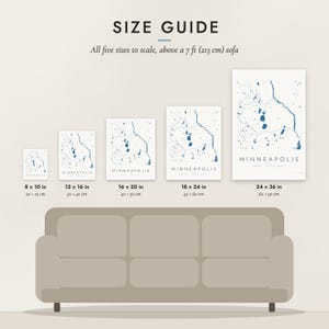 Size guide: 8×10, 12×16, 16×20, 18×24, 24×36 inch prints shown to scale above a sofa