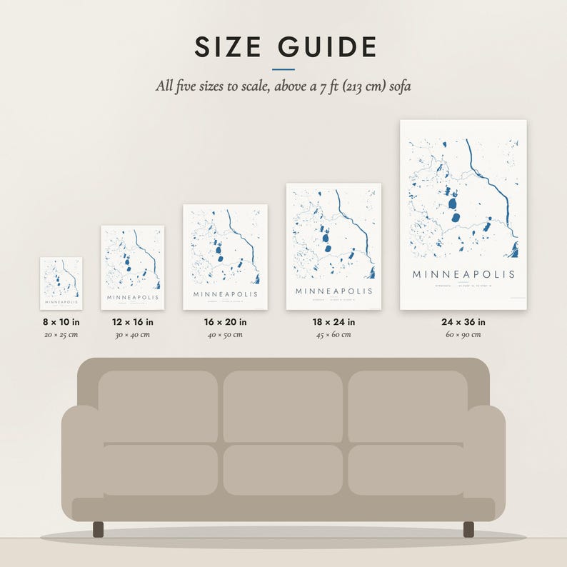 Size guide: 8×10, 12×16, 16×20, 18×24, 24×36 inch prints shown to scale above a sofa