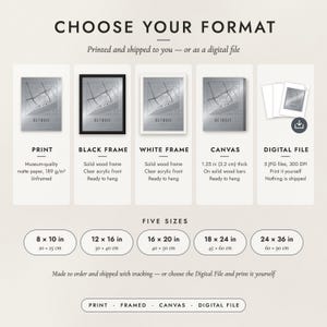 The formats to choose from: matte paper print, black frame, white frame, canvas and the digital file, with the five sizes
