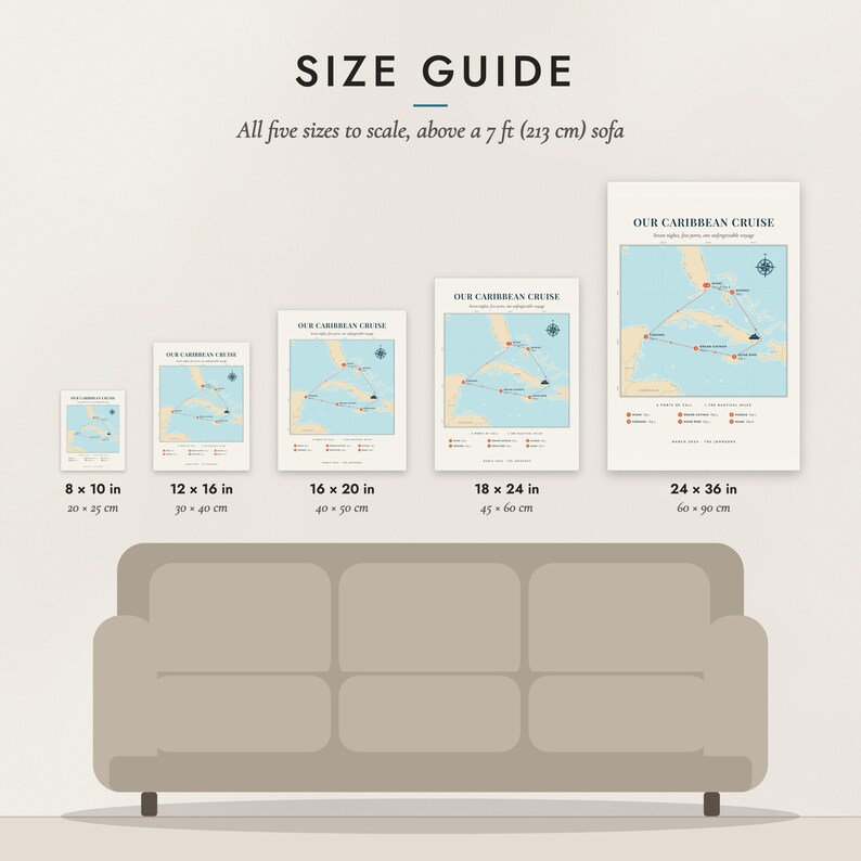 Size guide: 8×10, 12×16, 16×20, 18×24, 24×36 inch prints shown to scale above a sofa
