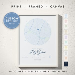 Birth Map print in a white frame on a white wall — print, framed, canvas or digital file, 10 colors, 5 sizes