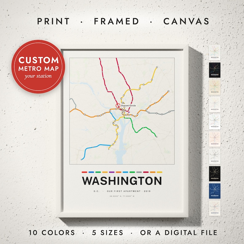 Metro Line Map print in a white frame on a white wall — print, framed, canvas or digital file, 10 colors, 5 sizes