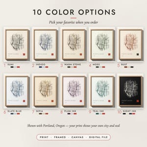 The Ink Wash City Map in all 10 color options, numbered 1 to 10 with their names