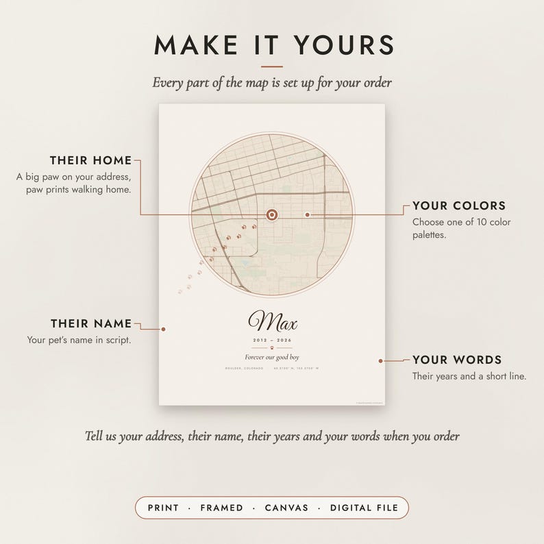 Diagram of what you can personalize: location, colors, title and details