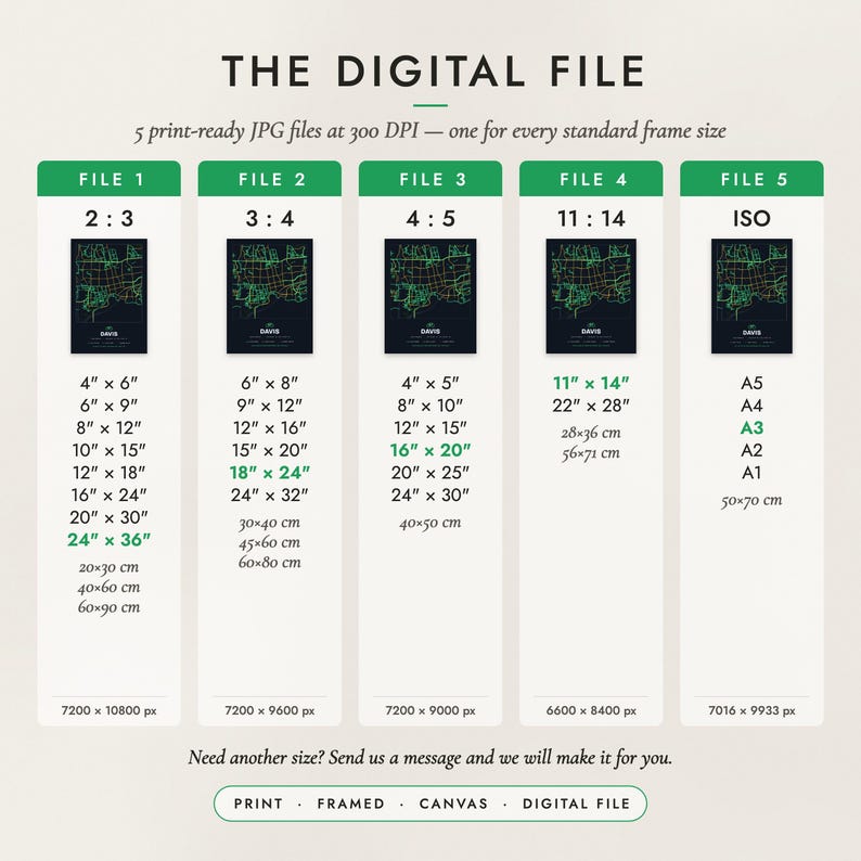 The Digital File option: five print-ready JPG files in 2:3, 3:4, 4:5, 11:14 and ISO ratios at 300 DPI