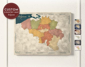 Belgium Map Print, Personalized Belgium Wall Art for Canvas or Poster, Detailed Map with Cities, Belgian Gift, Framed, Canvas or Digital