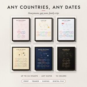Passport Stamp Map examples for six travelers