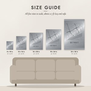 Size guide: 8×10, 12×16, 16×20, 18×24, 24×36 inch prints shown to scale above a sofa