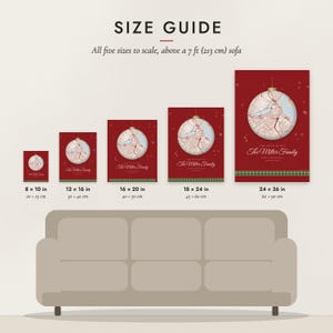 Size guide: 8×10, 12×16, 16×20, 18×24, 24×36 inch prints shown to scale above a sofa