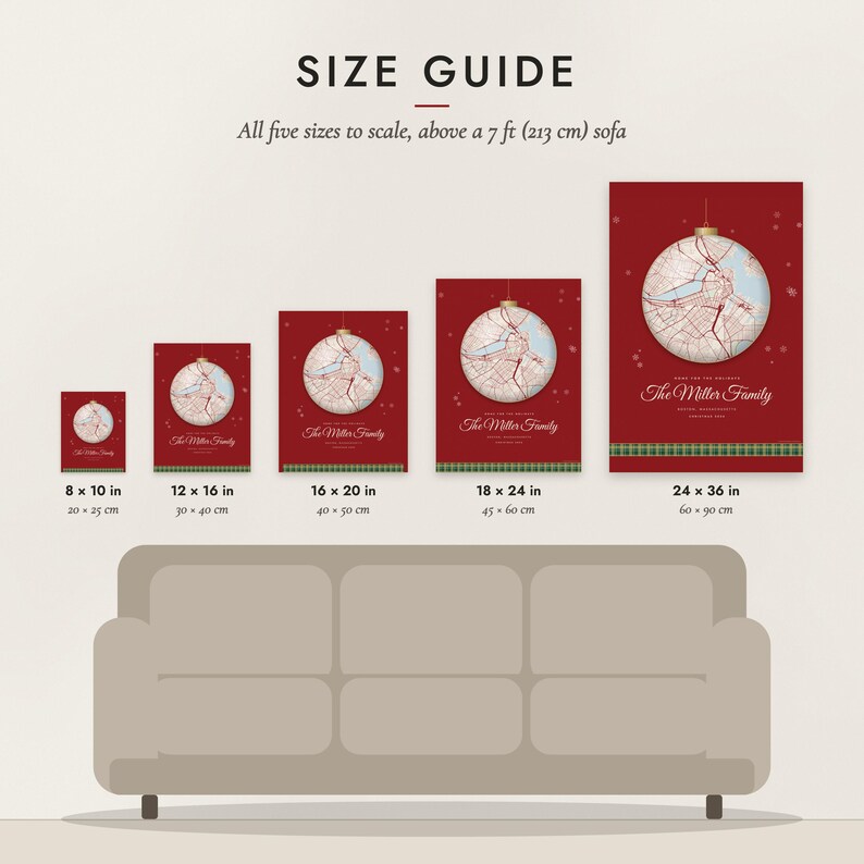 Size guide: 8×10, 12×16, 16×20, 18×24, 24×36 inch prints shown to scale above a sofa