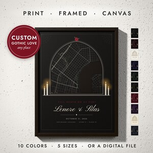 Custom Gothic Wedding Map, Till Death Do Us Part Print, Halloween Wedding Gift, Where We Met Map, Gothic Anniversary Gift, Framed or Canvas