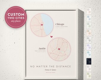 Custom Two Cities Map Print, Long Distance Relationship Gift, Anniversary Map (Framed or Canvas)