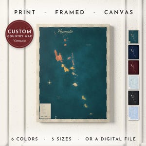 Vanuatu Map Print, Personalized Vanuatu Wall Art for Canvas or Poster, Detailed Map with Cities, Heritage Gift, Framed, Canvas or Digital
