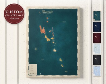 Stampa della mappa di Vanuatu, opera d'arte personalizzata di Vanuatu per tela o poster, mappa dettagliata con città, regalo a tema patrimonio culturale, incorniciata, su tela o in formato digitale