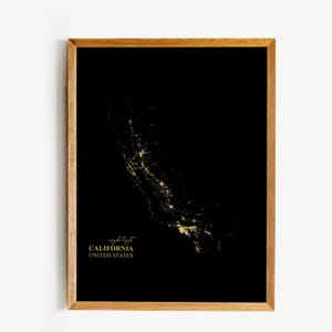 Carte imprimable de la lumière nocturne de la Californie - Variantes de couleurs en téléchargement numérique, 6 tailles, avec toile