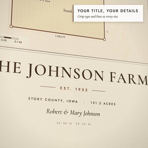 Close-up of the personalized title and details on the Farm & Land Map print