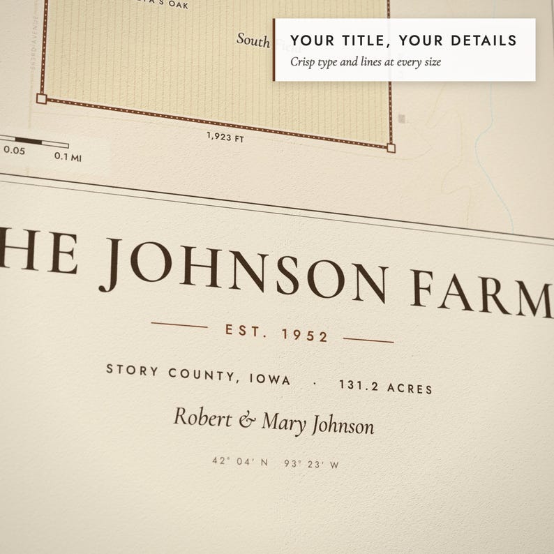 Close-up of the personalized title and details on the Farm & Land Map print