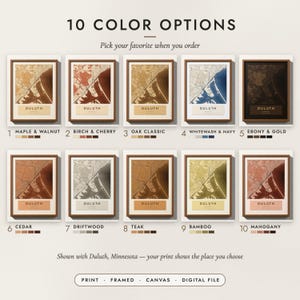 The Layered Wood City Map in all 10 color options, numbered 1 to 10 with their names