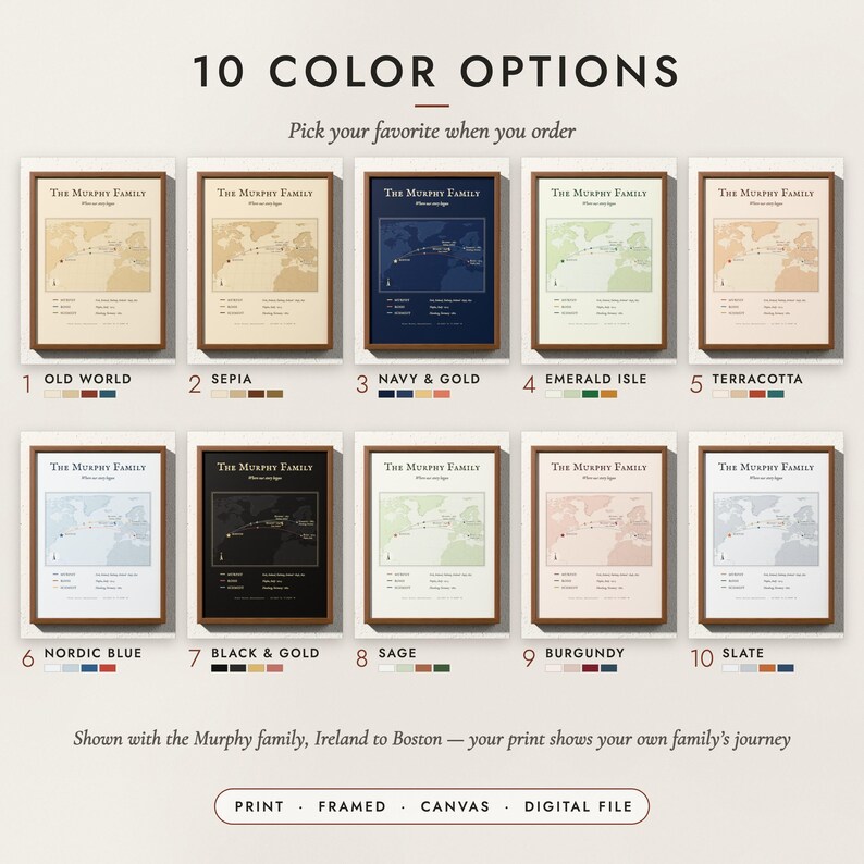 The Family Roots Map in all 10 color options, numbered 1 to 10 with their names