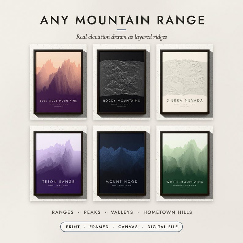 Ridgeline Mountain Map examples for six mountain ranges
