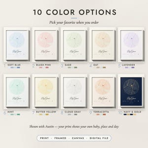 The Birth Map in all 10 color options, numbered 1 to 10 with their names