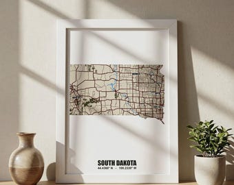 South Dakota State Map Print | Modern Minimalist Geographic Wall Art Poster