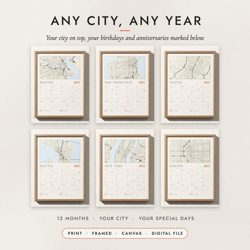 Map Calendar 2027 examples for six places in the United States
