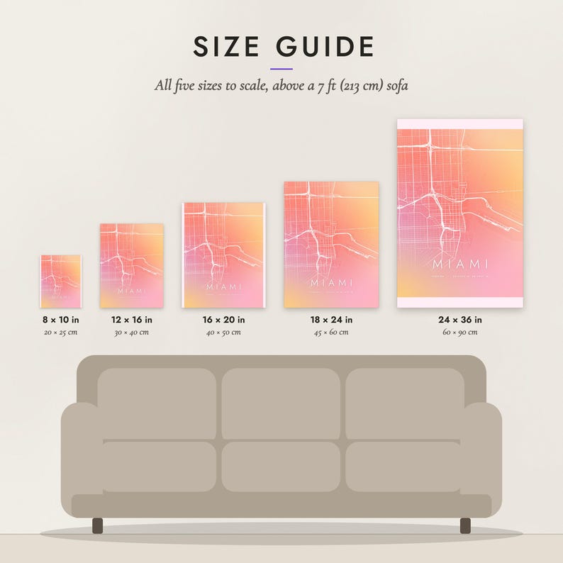 Size guide: 8×10, 12×16, 16×20, 18×24, 24×36 inch prints shown to scale above a sofa
