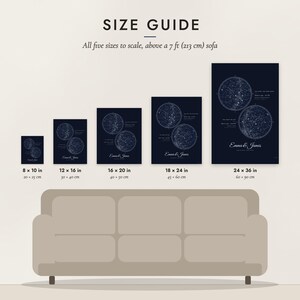 Size guide: 8×10, 12×16, 16×20, 18×24, 24×36 inch prints shown to scale above a sofa