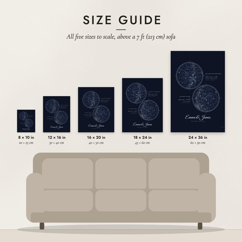 Size guide: 8×10, 12×16, 16×20, 18×24, 24×36 inch prints shown to scale above a sofa