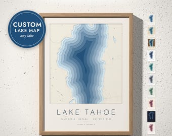 Custom Lake Map Print, Layered Depth Look Lake House Wall Art, Any Lake or Coast, Lake House Decor Gift, Personalized Framed or Canvas Print