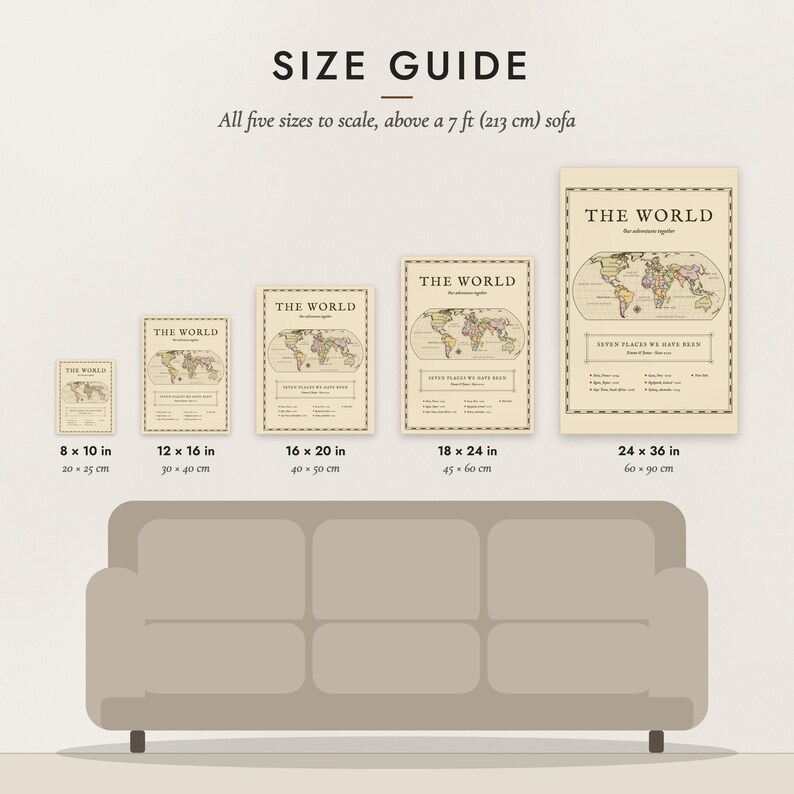 Size guide: 8×10, 12×16, 16×20, 18×24, 24×36 inch prints shown to scale above a sofa