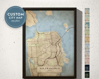 Custom Antique Atlas City Map Print, Personalized Hometown Map, Framed, Canvas or Digital
