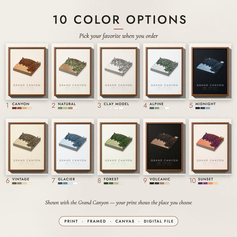 The 3D Terrain Map in all 10 color options, numbered 1 to 10 with their names