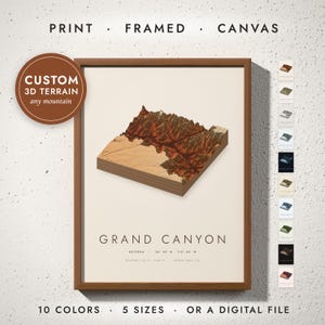 3D Terrain Map print in a walnut frame on a white wall — print, framed, canvas or digital file, 10 colors, 5 sizes