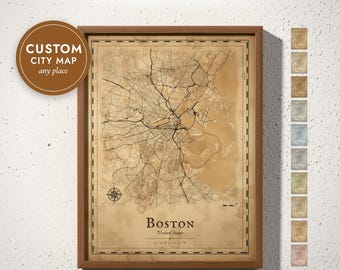 Custom Old Map Print, Vintage Parchment City Map of Any Place, Antique Style Map Wall Art, Personalized Gift, Framed, Canvas or Digital