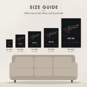 Size guide: 8×10, 12×16, 16×20, 18×24, 24×36 inch prints shown to scale above a sofa