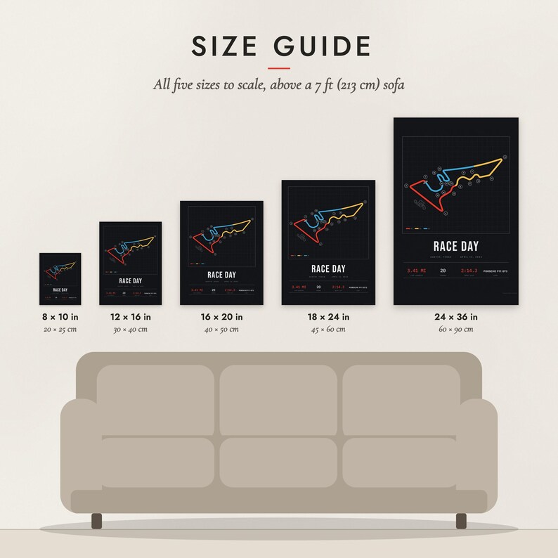 Size guide: 8×10, 12×16, 16×20, 18×24, 24×36 inch prints shown to scale above a sofa