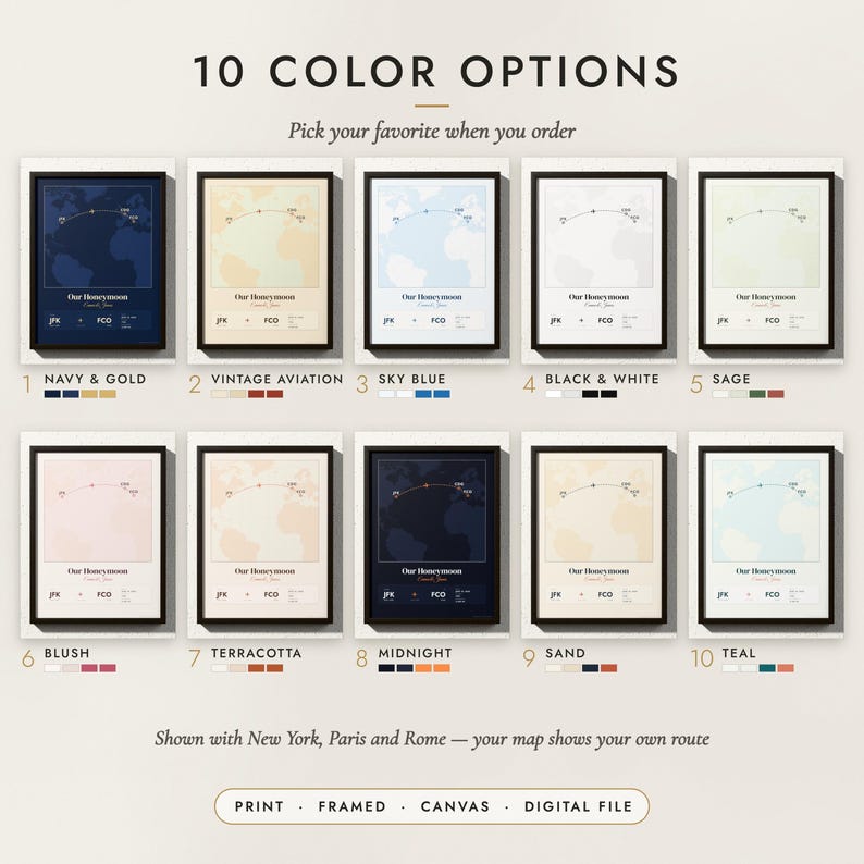 The Flight Path Map in all 10 color options, numbered 1 to 10 with their names