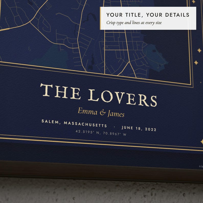 Close-up of the personalized title and details on the Tarot Card Map print