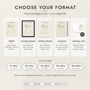 The formats to choose from: matte paper print, black frame, white frame, canvas and the digital file, with the five sizes