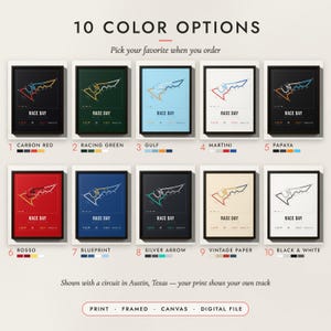 The Race Track Map in all 10 color options, numbered 1 to 10 with their names
