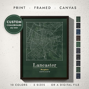 Chalkboard City Map print in a black frame on a white wall — print, framed, canvas or digital file, 10 colors, 5 sizes